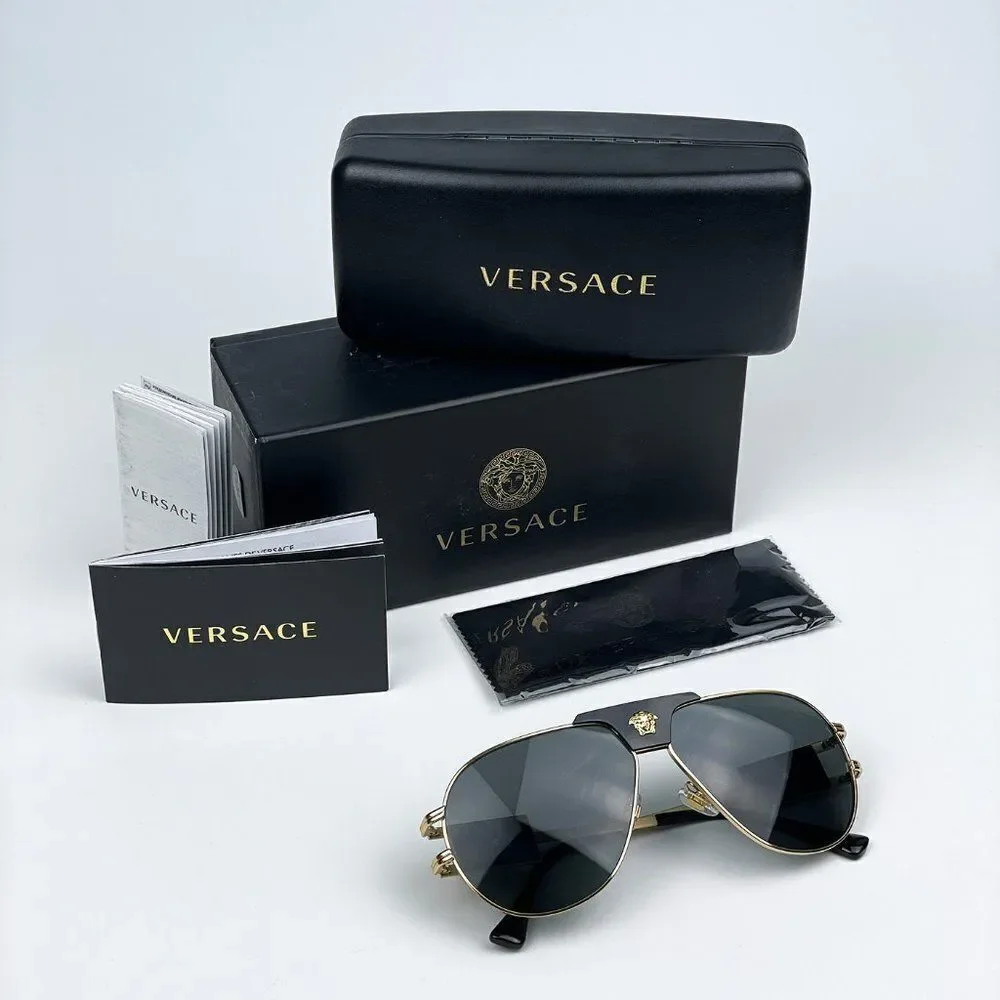NEW Versace VE2252 100287 BRAND NEW Gold Dark Grey Metal Pilot Unisex Sunglasses
